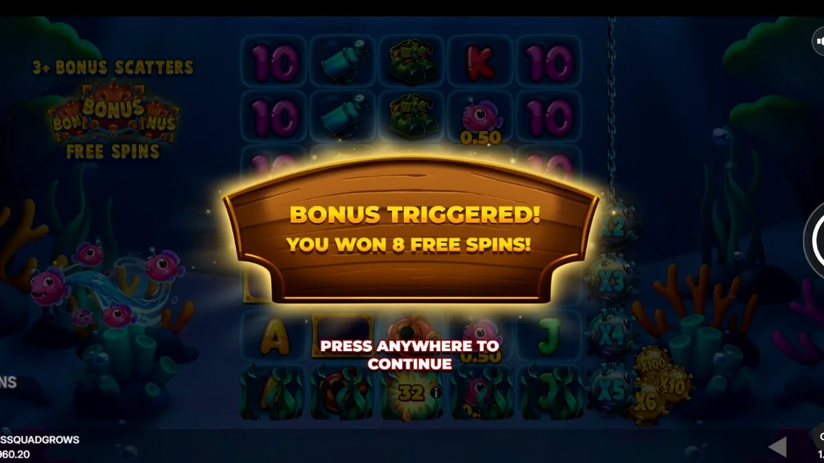 Fishin’ Madness Quadgrows slot machine interface featuring underwater theme and expanding reels.